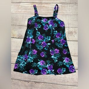 Swimsuit for all black floral, print, one piece,  with cover built-in bra SZ 20